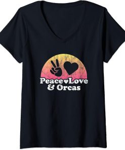 Womens Peace Love and Orcas Orca V-Neck T-Shirt