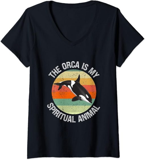 Womens The Orca Is My Spirit Animal Shirt Retro Sunset Orca V-Neck T-Shirt