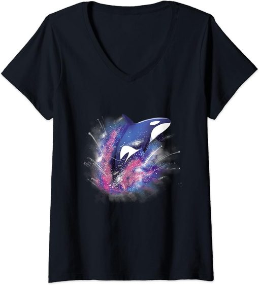 Womens Orca Killer Whale Shirt Outer Space Universe Galaxy Vintage V-Neck T-Shirt